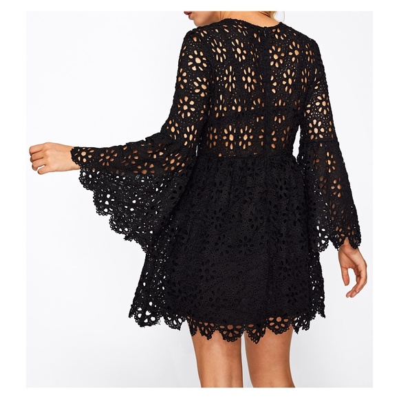 Black Trumpet Sleeve Eyelet Lace Dress - Picture 2 of 4
